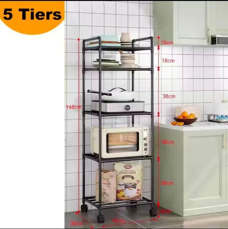 5-TIER KITCHEN ORGANIZER MICROWAVE STORAGE RACK PULLEY TROLLEY POT STORAGE BATHROOM SHELVES