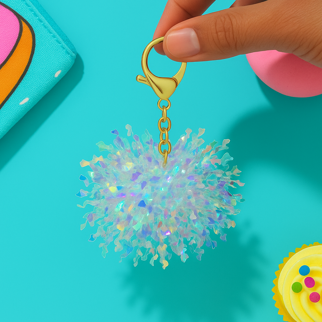 Iridescent Glitter Pom Pom Keychain – Aesthetic Bag Charm with Metal Clip