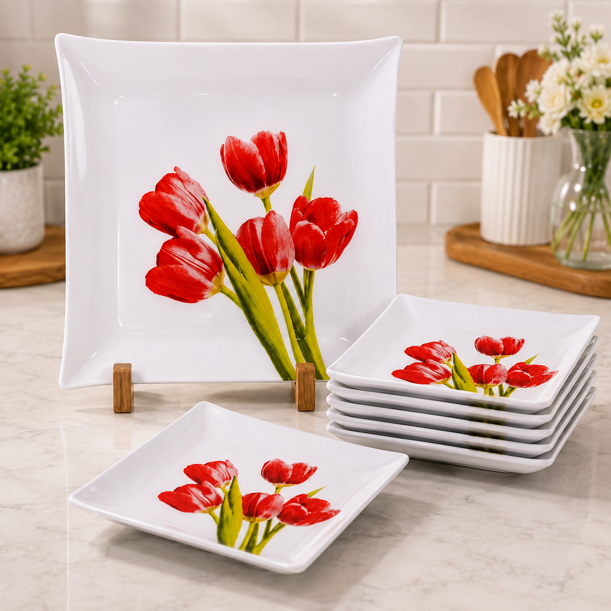 ARCOFAM 7-PIECE RED TULIP SQUARE SERVING PLATE SET - MELODY