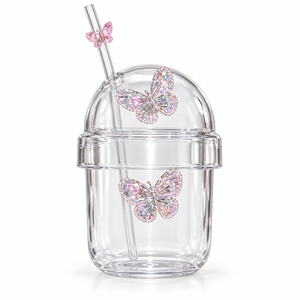 Glasslux Butterfly Dome Cup With Straw - Pink / 400 ml