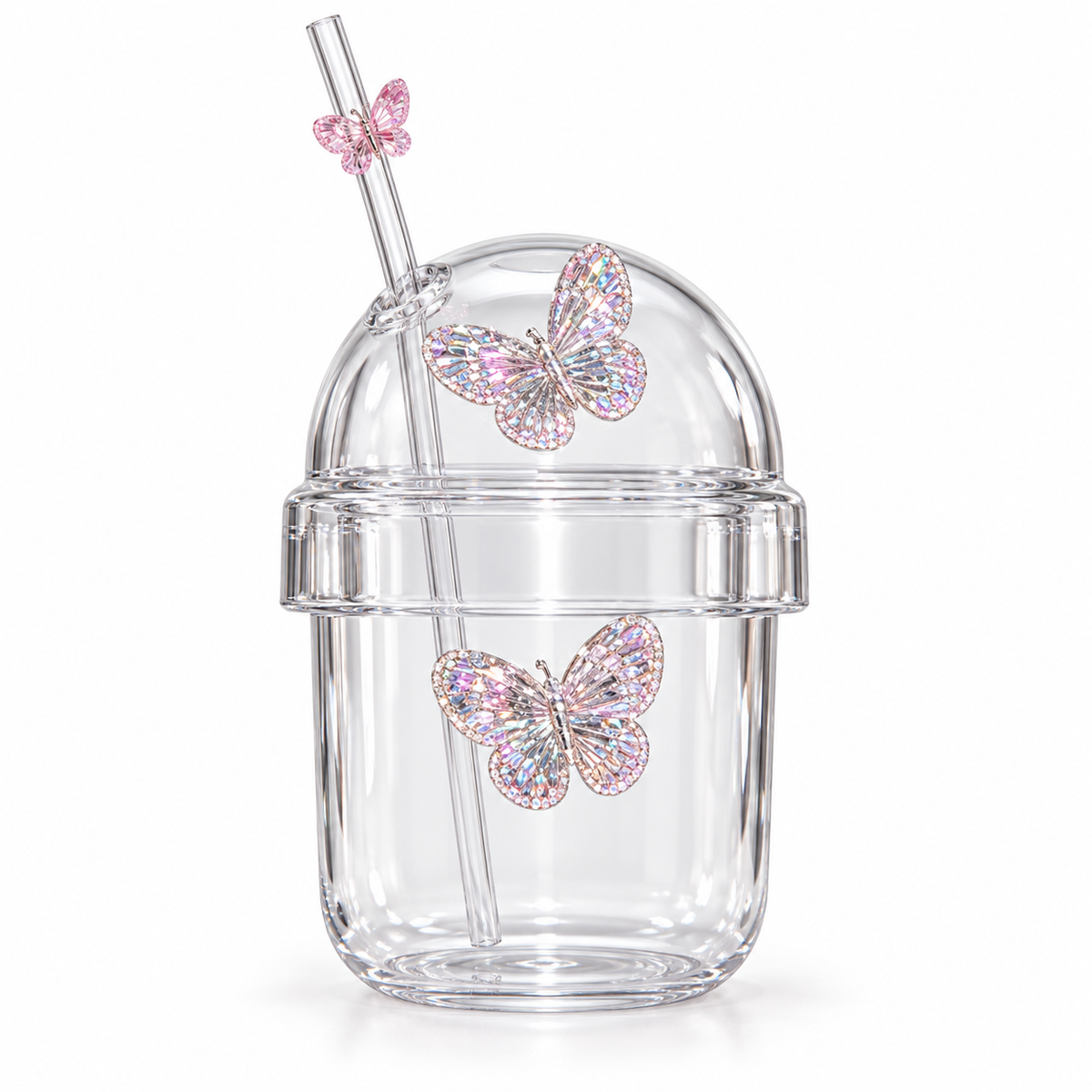 Glasslux Butterfly Dome Cup With Straw - Pink / 400 ml