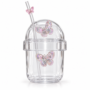 Glasslux Butterfly Dome Cup With Straw - Pink / 400 ml