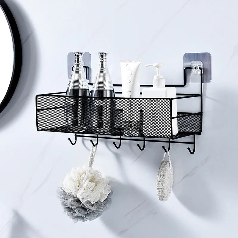 WALL SHELF WITH HOOKS - MESHED WALL SHELF Black