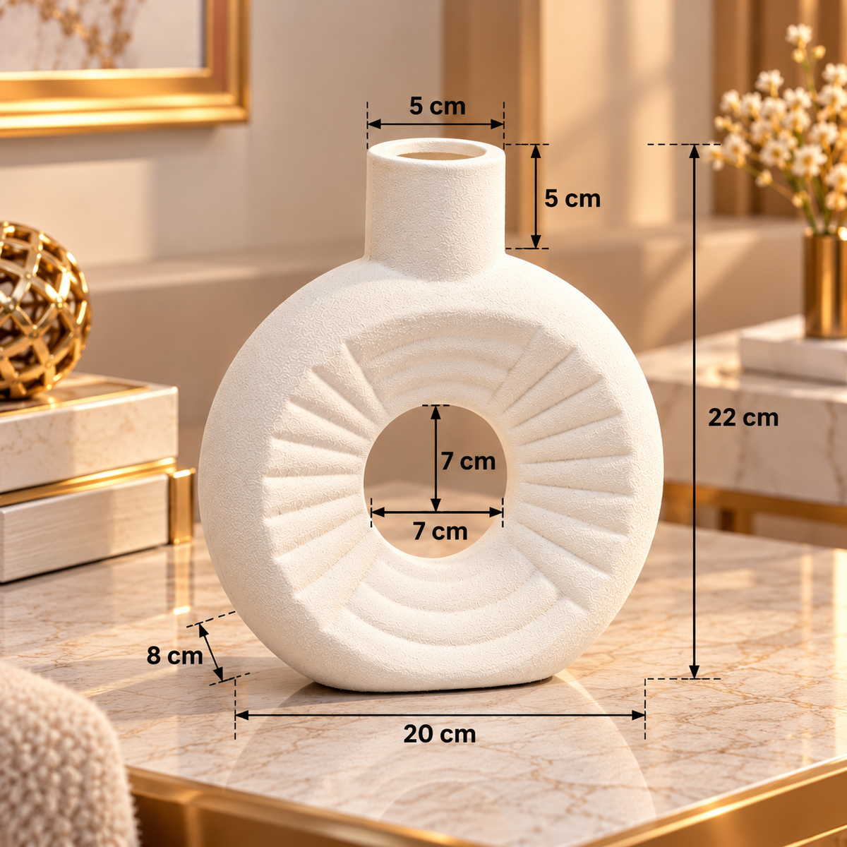 WHITE ROUND RIBBED OPEN CENTER DECORATIVE VASE - SMALL
