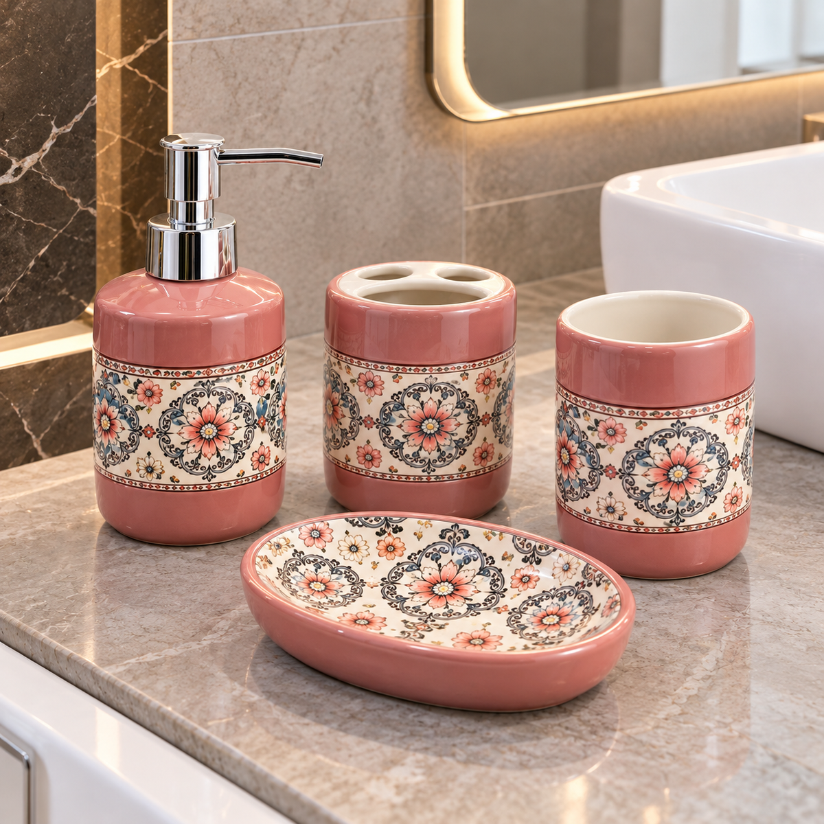 PINK FLORAL DESIGN CERAMIC BATHROOM ACCESSORY SET