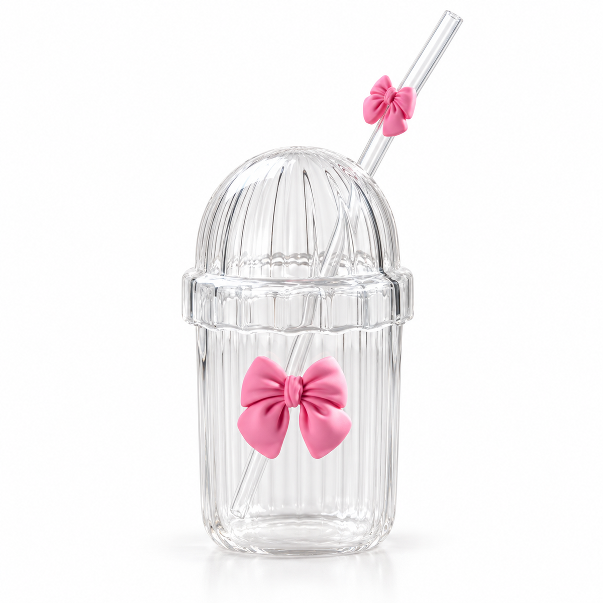 Glasslux Ribbed Pookie Bow Dome Cup With Straw - Pink / 400 ml