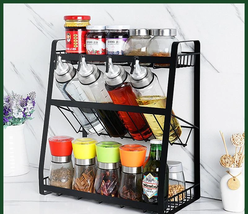 3 TIER SPICE RACK KITCHEN STORAGE SHELF METAL WITH GUARDRAIL