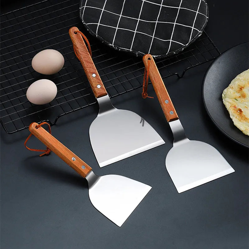 STAINLESS STEEL WOODEN HANDLE TEPPANYAKI SHOVEL NON-SLIP TURNER