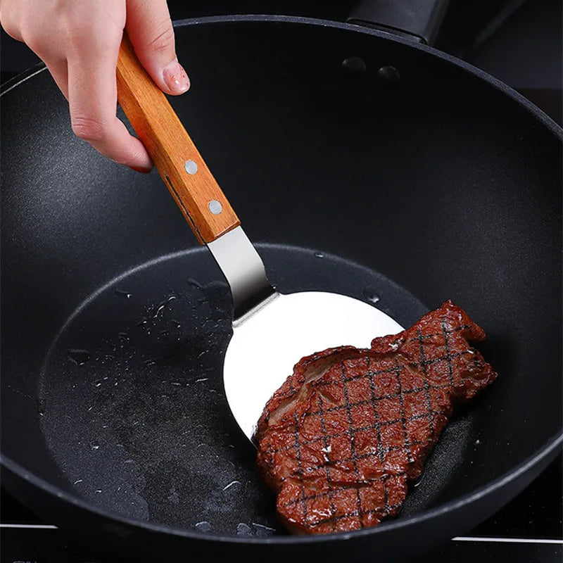 STAINLESS STEEL WOODEN HANDLE TEPPANYAKI SHOVEL NON-SLIP TURNER