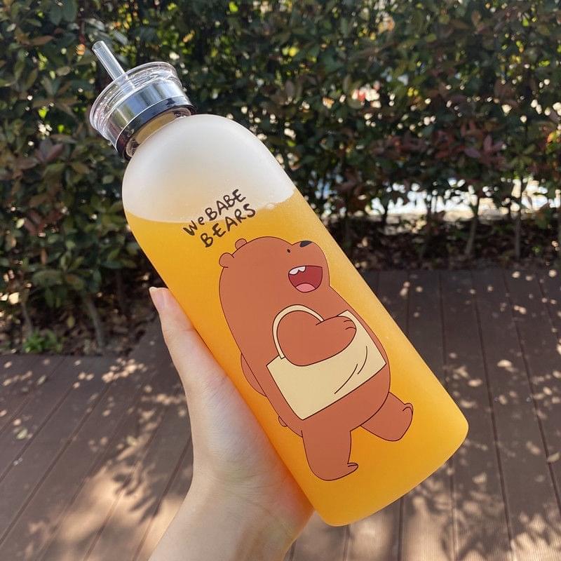 2IN1 DRINKING "WE BABE BEARS" FROSTED WATER BOTTLE WITH 2 CAPS & STRAW 1000ML