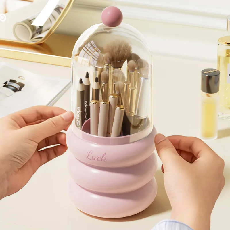 360° ROTATING MAKEUP BRUSH HOLDER WITH LID & LIPSTICK ORGANIZER