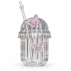 Glasslux Ribbed Butterfly Dome Cup With Straw - Pink / 400 ml