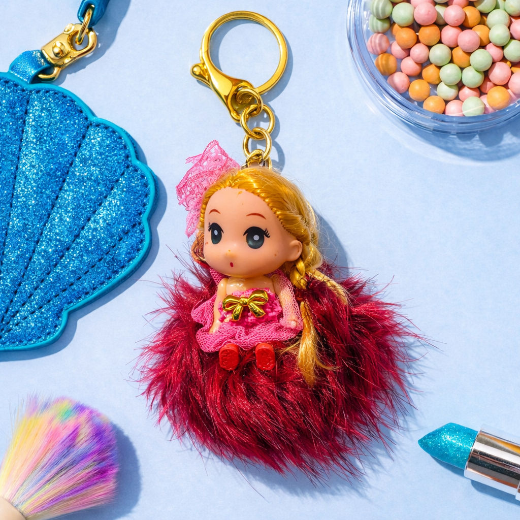 CUTE DOLL POM POM KEYCHAIN WITH BRAIDED HAIR – KAWAII BAG CHARM & CAR KEYRING FOR GIRLS PURSE BACKPACK & GIFT