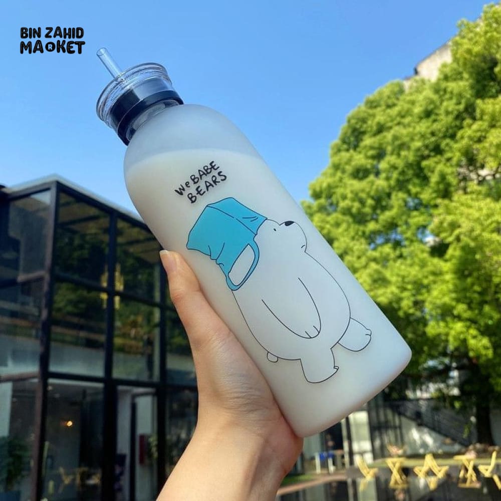 2IN1 DRINKING "WE BABE BEARS" FROSTED WATER BOTTLE WITH 2 CAPS & STRAW 1000ML