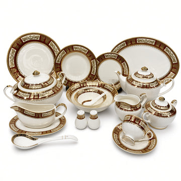 Yamasen Japan Inspired Borders Red Gold Plated Porcelain Dinner Set