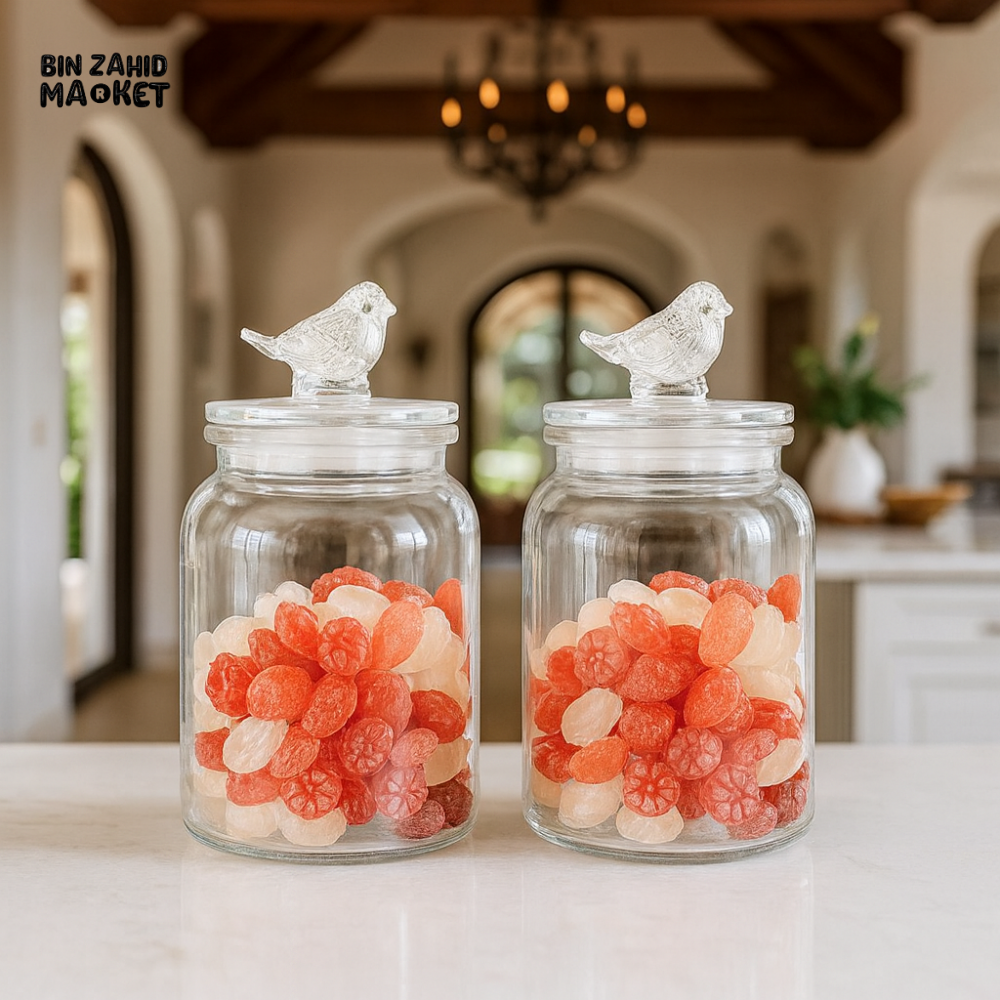 2PIECE GLASS STORAGE JAR WITH BIRD LID – DANNY HOME AIRTIGHT CONTAINERS FOR CANDY, COOKIES & KITCHEN ORGANIZATION
