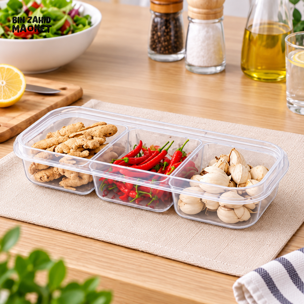 3-COMPARTMENT TRANSPARENT FOOD STORAGE & SERVING CONTAINER WITH LID
