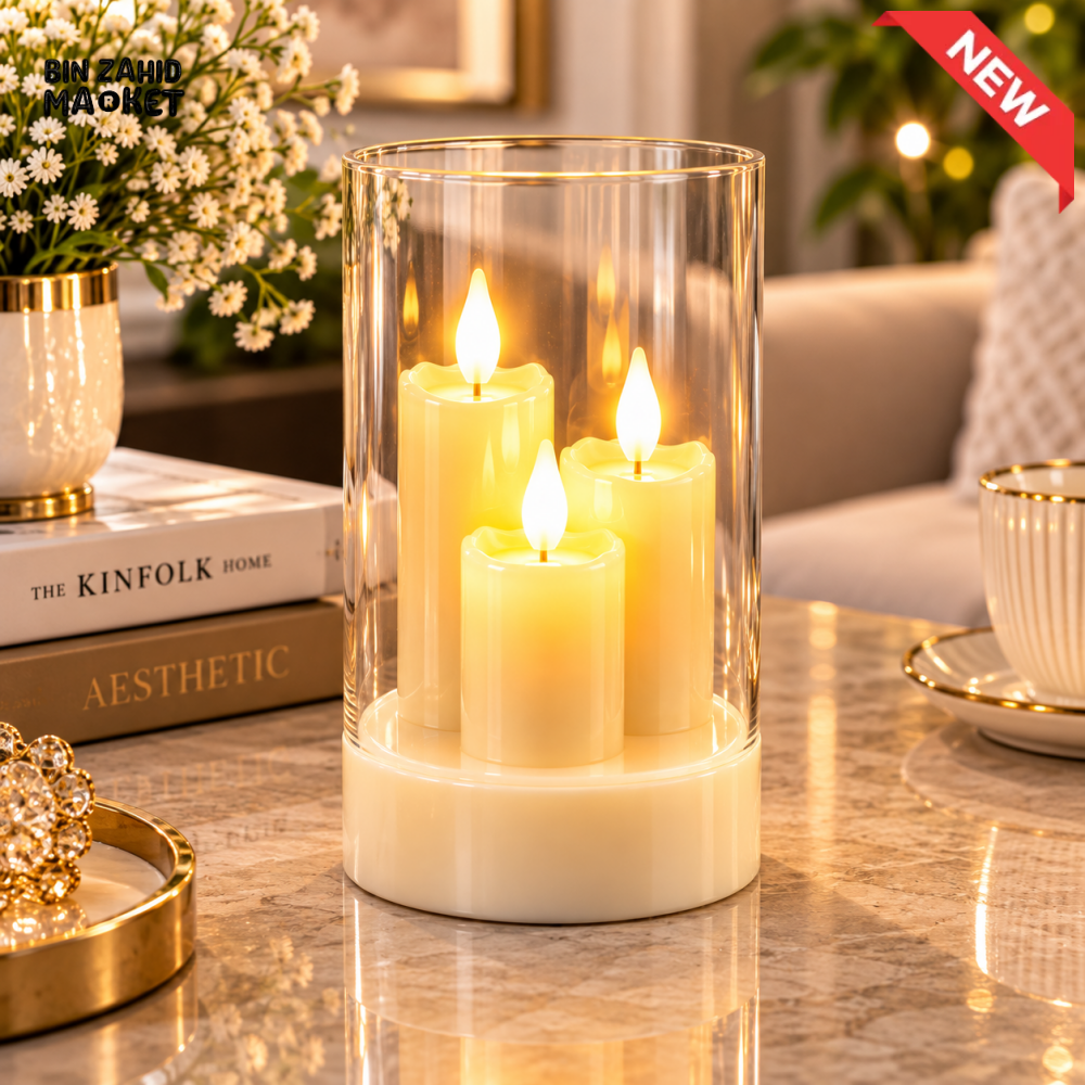 3 FLAME LED CANDLE LAMP WITH CLEAR GLASS CYLINDER