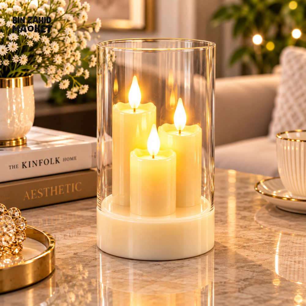 3 FLAME LED CANDLE LAMP WITH CLEAR GLASS CYLINDER