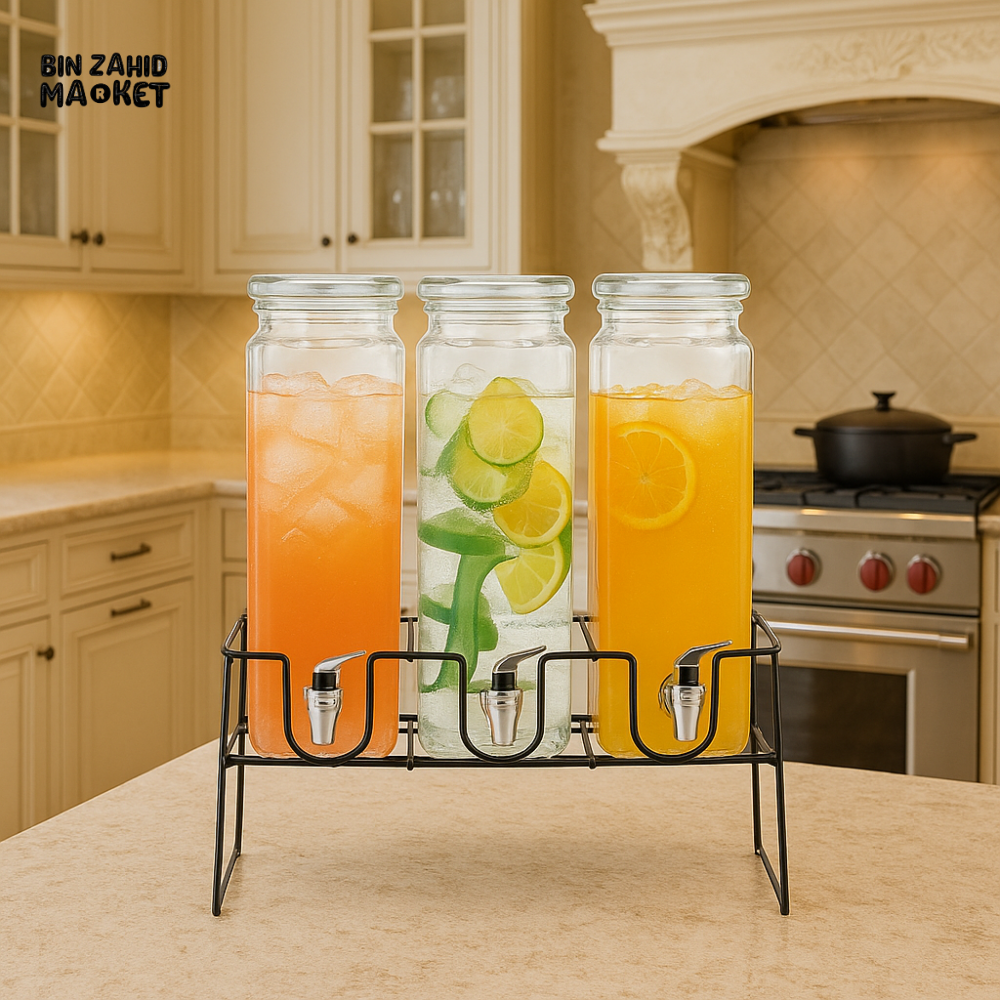 3 GLASS BEVERAGE DISPENSERS SET WITH STAND – LUXURY DRINK SERVER FOR JUICE & WATER – IDEAL FOR HOME & PARTIES