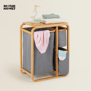 3 Grid Bamboo Laundry Basket - Grey