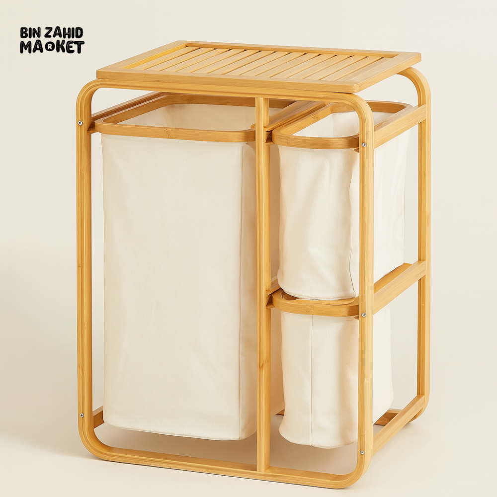 3 Grid Bamboo Laundry Basket - White