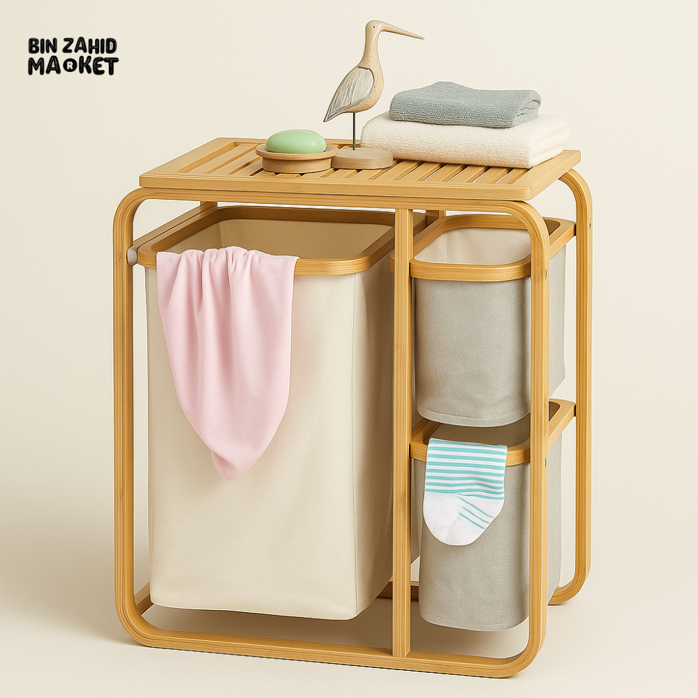 3 Grid Bamboo Laundry Basket - White