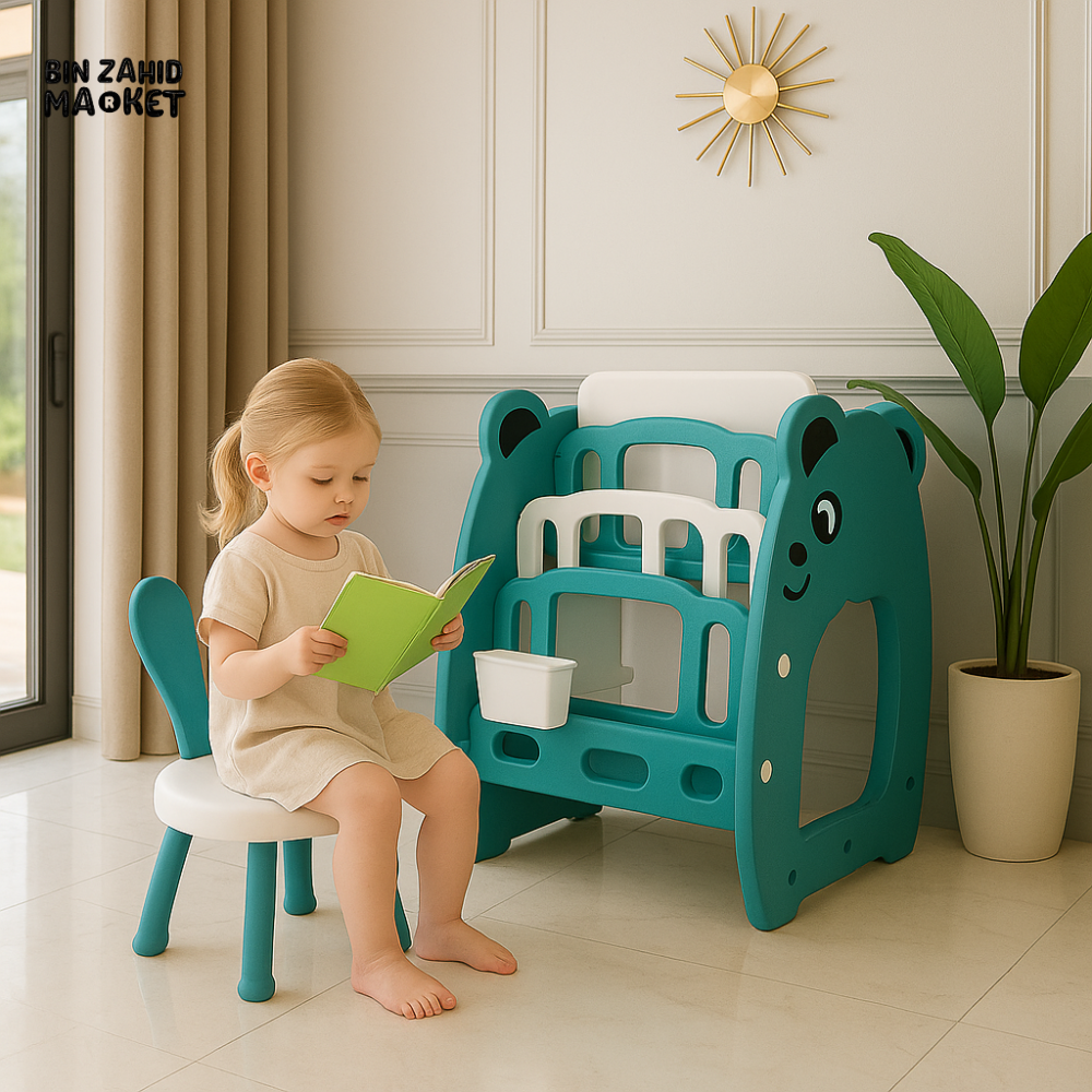 3-IN-1 KIDS BEAR STUDY DESK WITH BOOKSHELF & WHITEBOARD – CONVERTIBLE BLUE READING STATION FOR TODDLERS - GREEN
