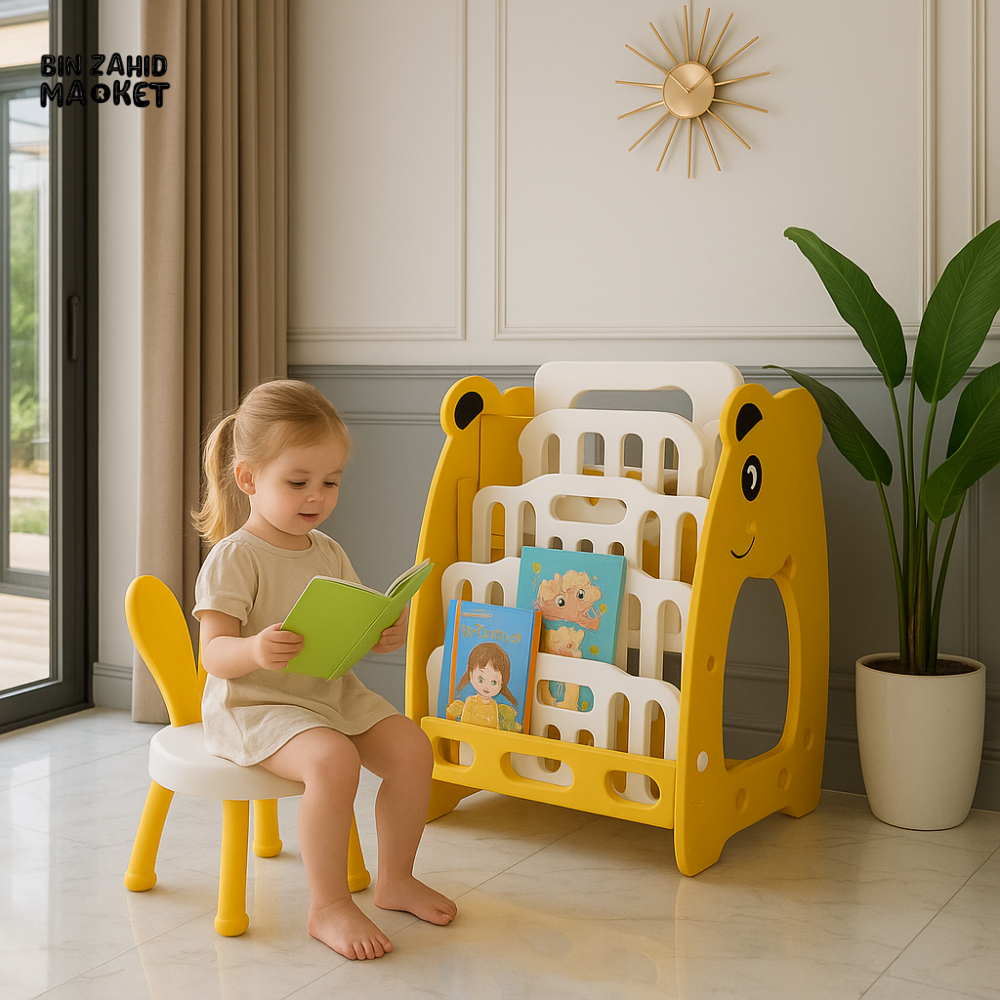 3-IN-1 KIDS BEAR STUDY DESK WITH BOOKSHELF & WHITEBOARD – CONVERTIBLE BLUE READING STATION FOR TODDLERS - YELLOW