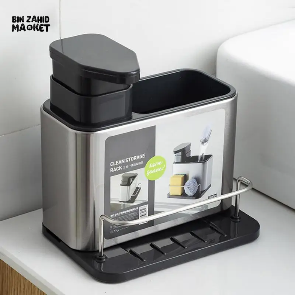 3-IN-1 STAINLESS STEEL KITCHEN SPONGE HOLDER WITH SOAP DISPENSER – MULTIFUNCTIONAL SINK ORGANIZER FOR DISHWASHING ACCESSORIES