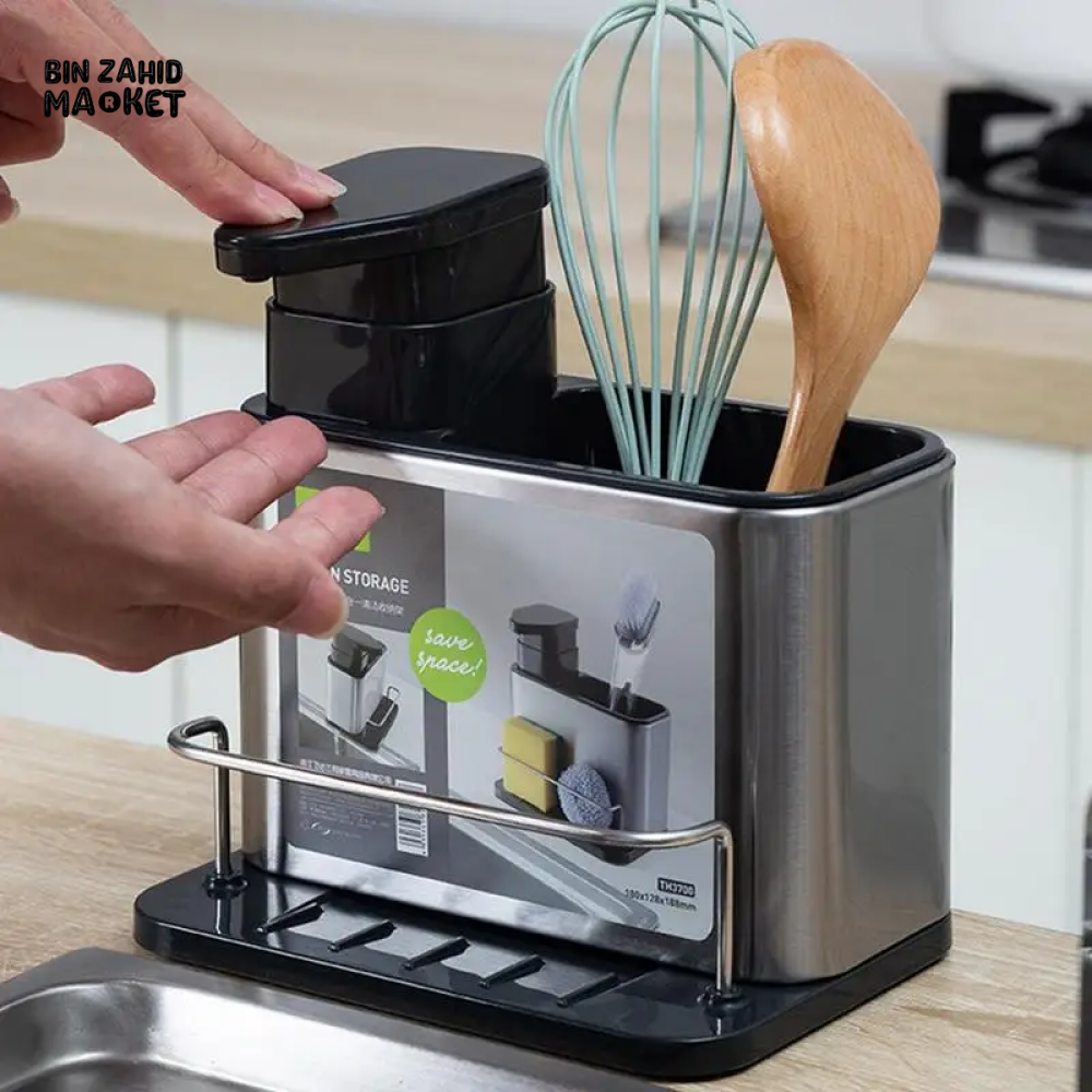 3-IN-1 STAINLESS STEEL KITCHEN SPONGE HOLDER WITH SOAP DISPENSER – MULTIFUNCTIONAL SINK ORGANIZER FOR DISHWASHING ACCESSORIES