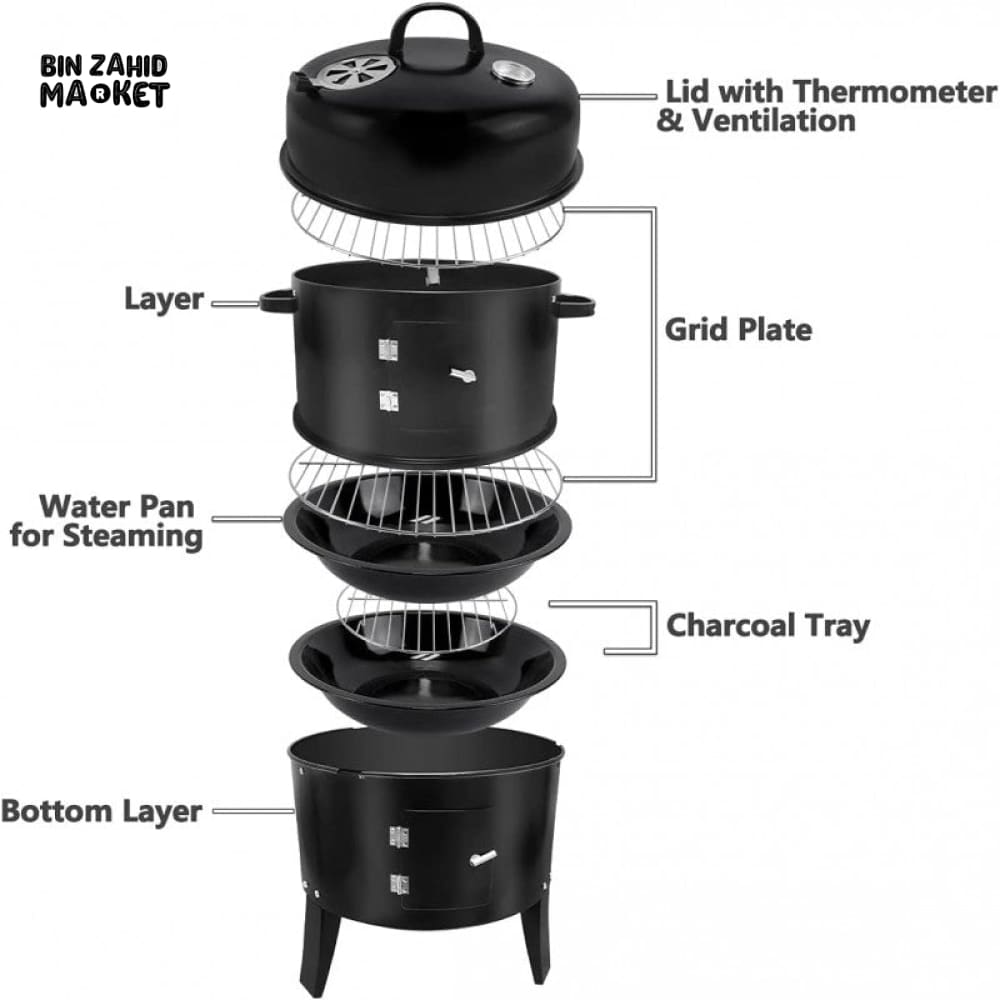 3-IN-1 VERTICAL CHARCOAL SMOKER BBQ GRILL 16 INCH SEPARABLE COMBO