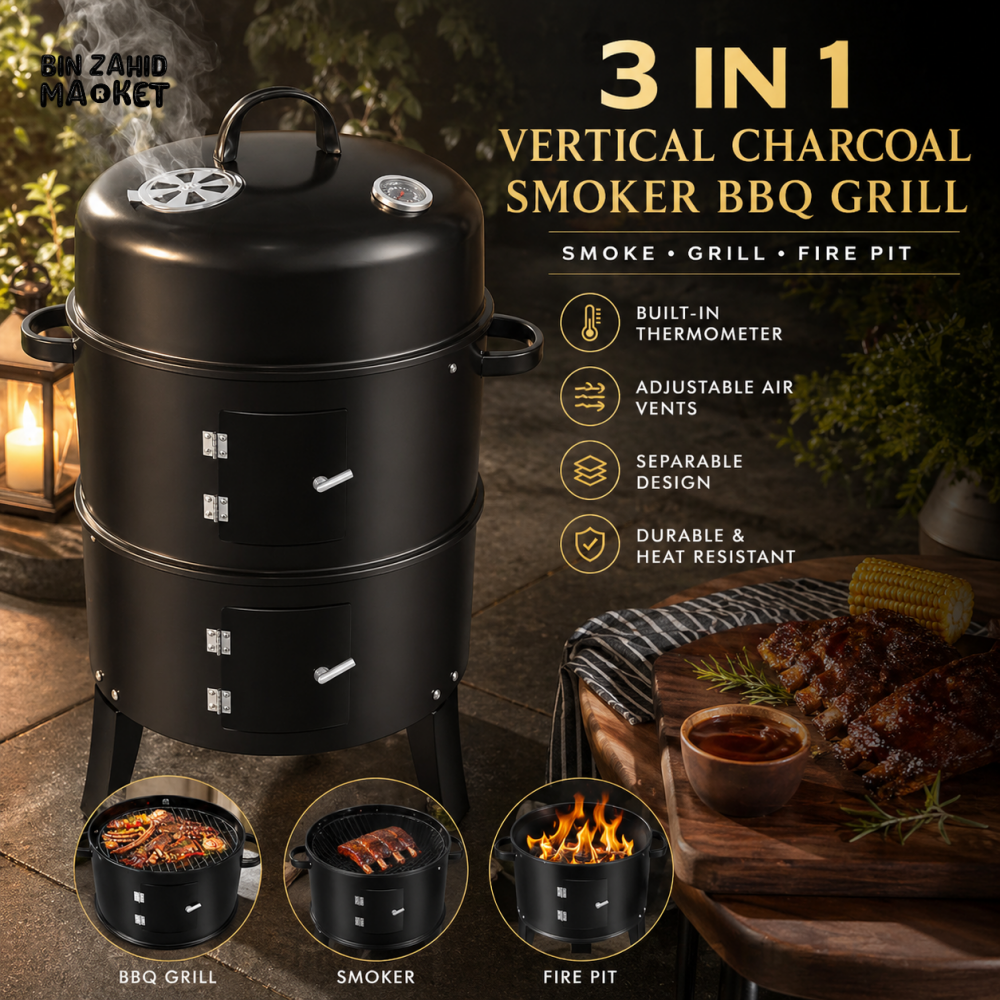 3-IN-1 VERTICAL CHARCOAL SMOKER BBQ GRILL 16 INCH SEPARABLE COMBO