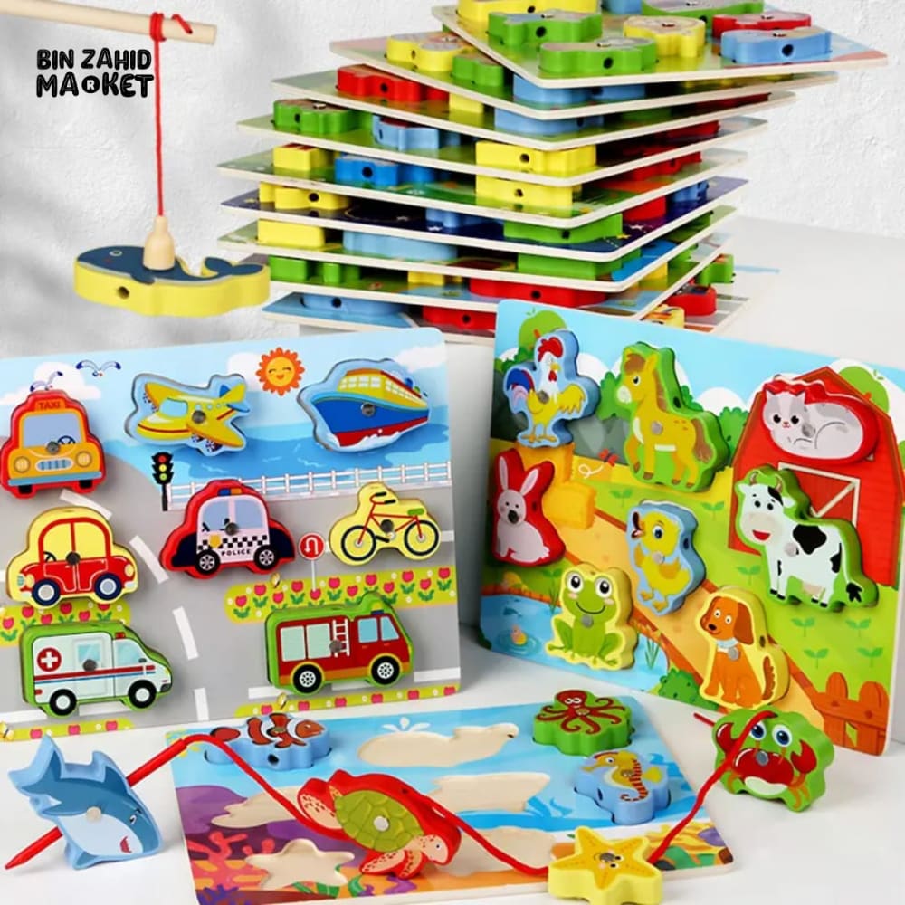 3 IN 1 WOODEN ANIMAL VEHICLE STRINGING TOY – MAGNETIC MATCHING & SHAPE BOARD