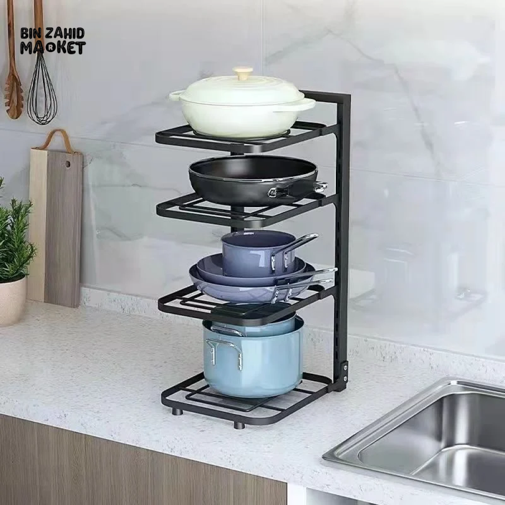 3-LAYER ADJUSTABLE POT RACK KITCHEN STORAGE ORGANIZER LID & PAN HOLDER