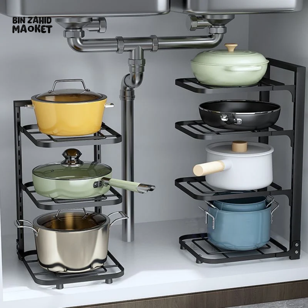 3-LAYER ADJUSTABLE POT RACK KITCHEN STORAGE ORGANIZER LID & PAN HOLDER