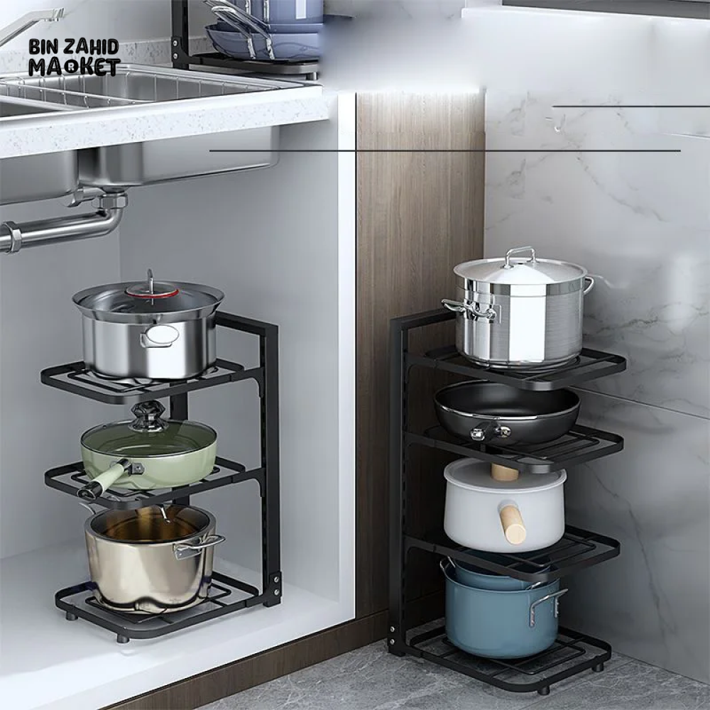 3-LAYER ADJUSTABLE POT RACK KITCHEN STORAGE ORGANIZER LID & PAN HOLDER