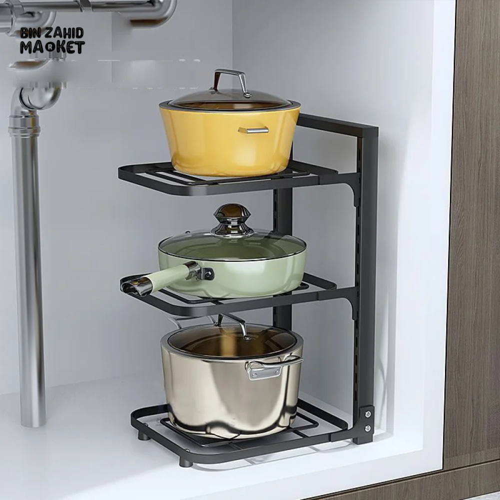 3-LAYER ADJUSTABLE POT RACK KITCHEN STORAGE ORGANIZER LID & PAN HOLDER