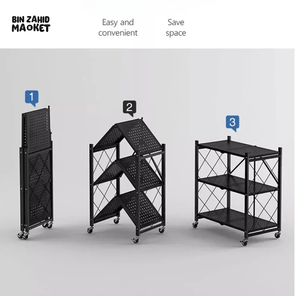 3 LAYER FOLDABLE METAL STORAGE SHELVES MULTIFUNCTIONAL KITCHEN LIVING ROOM RACK