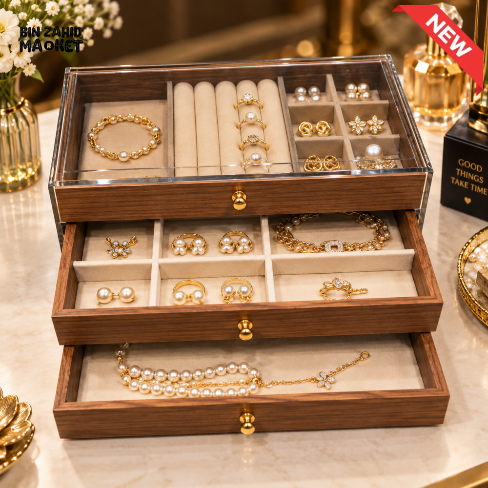 3-LAYER WOODEN JEWELRY ORGANIZER BOX WITH TRANSPARENT GLASS LID