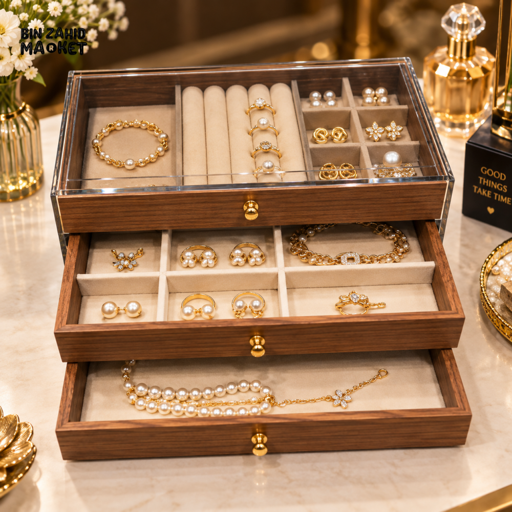 3-LAYER WOODEN JEWELRY ORGANIZER BOX WITH TRANSPARENT GLASS LID