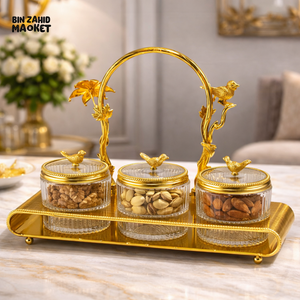 3-PARTITION LUXURY DRY FRUIT TRAY SET WITH LIDS & HANDLE DECORATIVE SERVING SET - GOLDEN