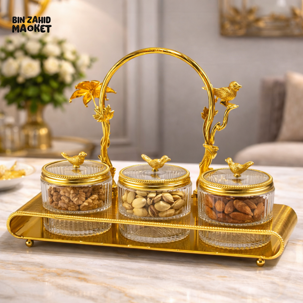 3-PARTITION LUXURY DRY FRUIT TRAY SET WITH LIDS & HANDLE DECORATIVE SERVING SET - GOLDEN