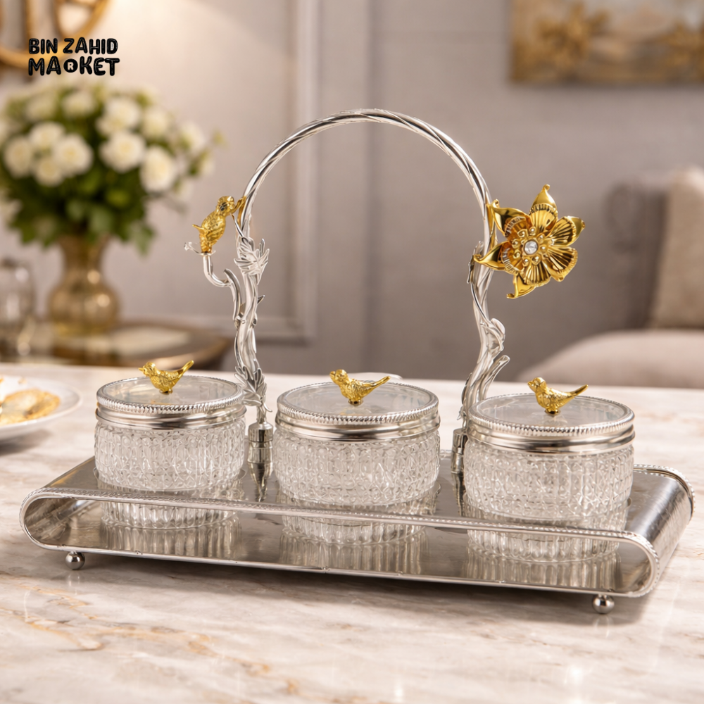 3-PARTITION LUXURY DRY FRUIT TRAY SET WITH LIDS & HANDLE DECORATIVE SERVING SET - SILVER