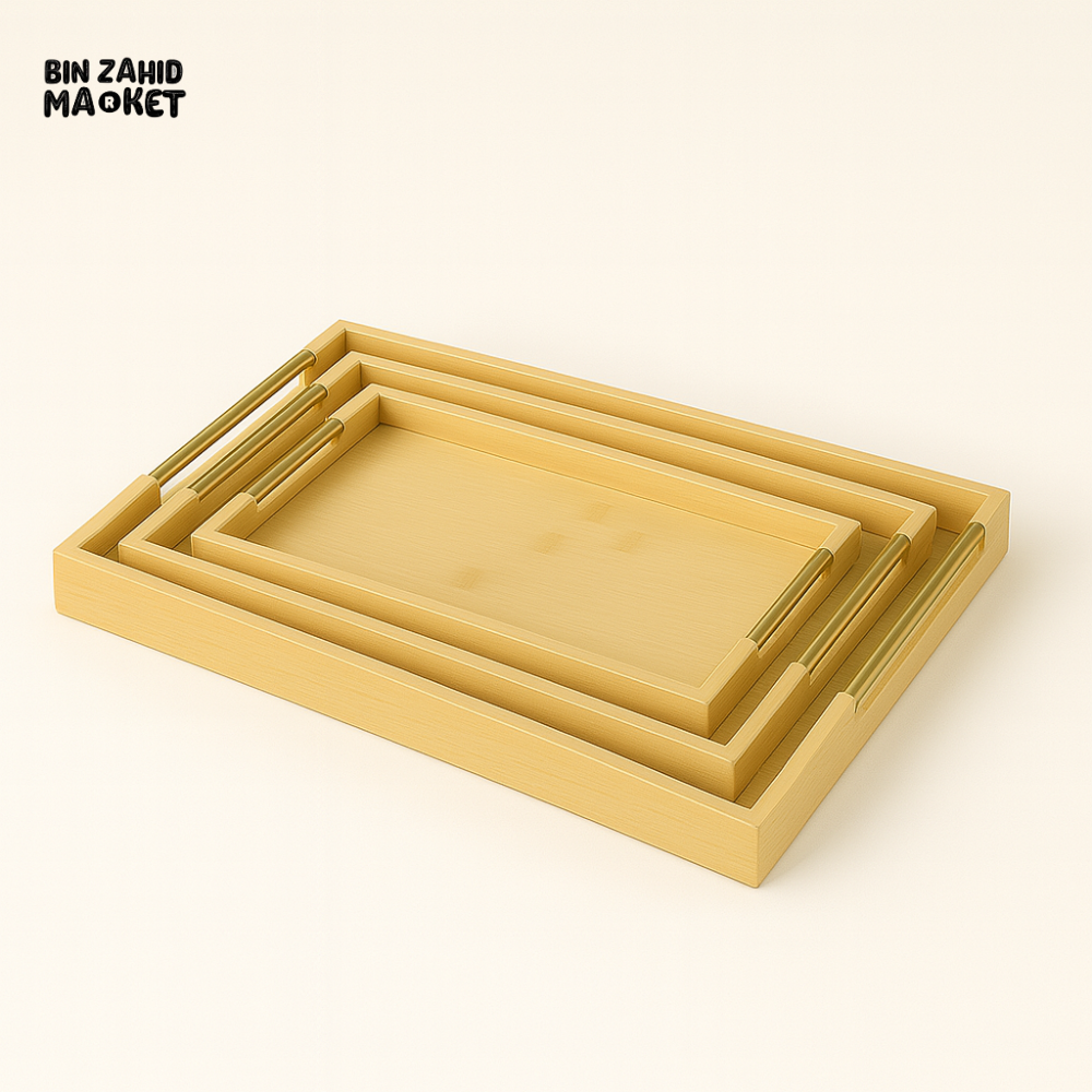 3 Pcs Modern Serving Tray Set (Golden Handle)