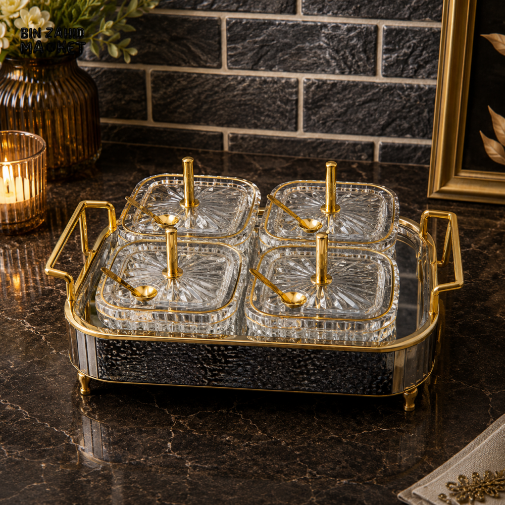 3 PCS SQUARE GLASS CONDIMENT SET WITH TRAY - Condiment Sets