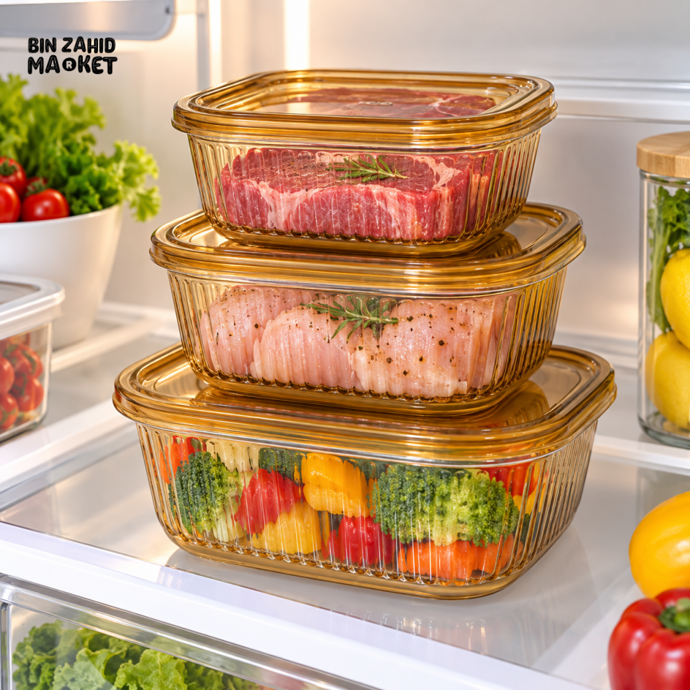 3 PIECE AMBER GLASS FOOD STORAGE CONTAINER SET WITH LIDS