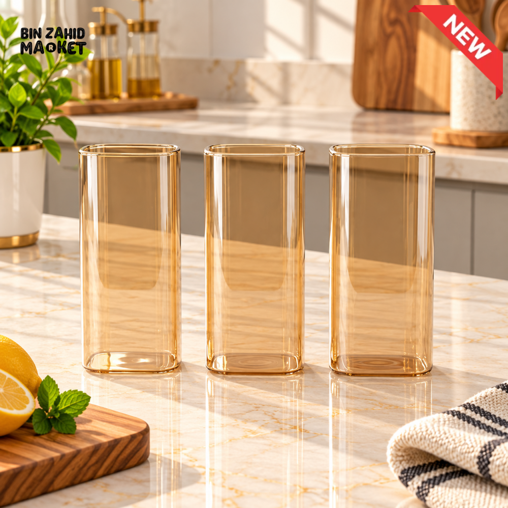 3-PIECE AMBER RECTANGULAR DRINKING GLASS SET - Glasses
