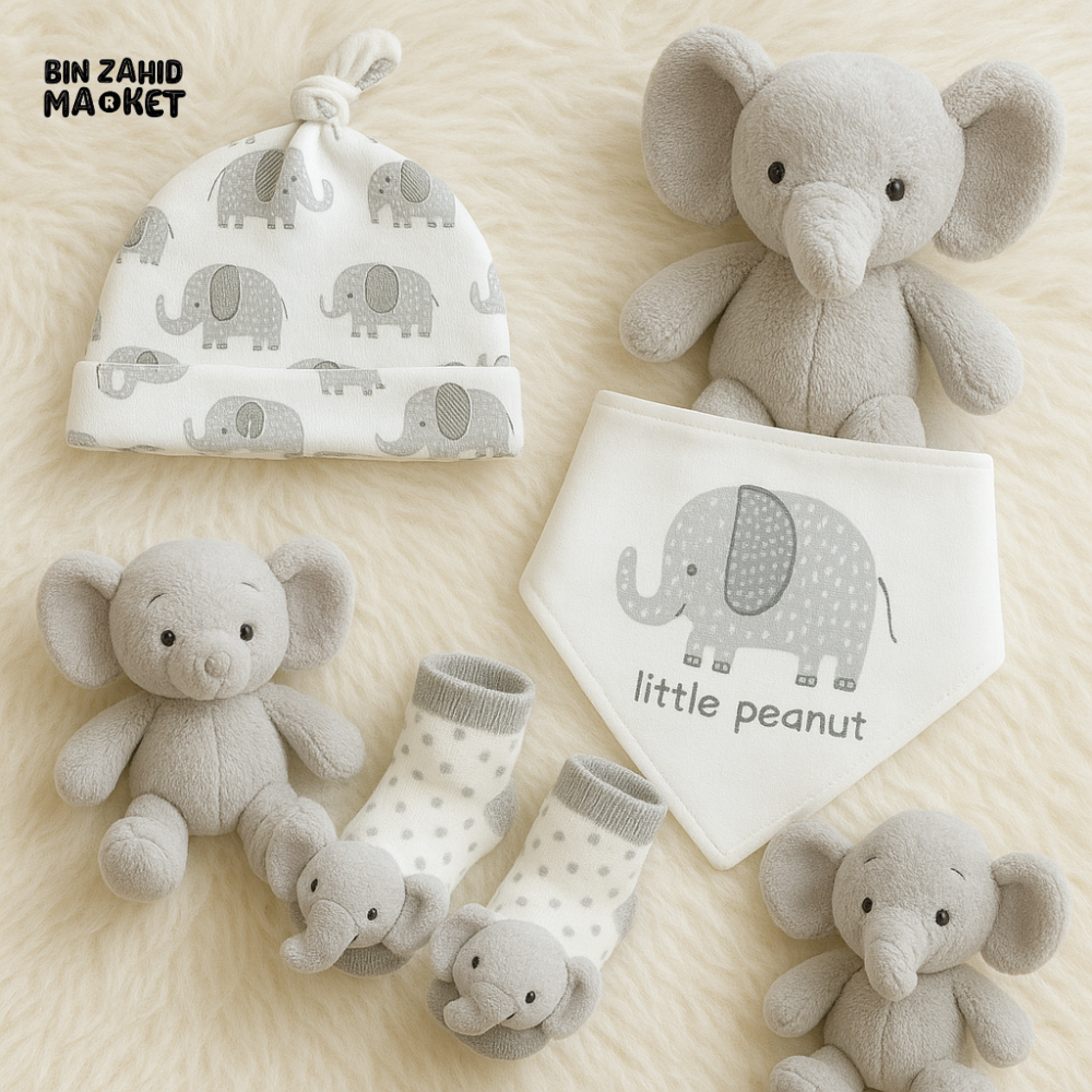 3-PIECE BABY SET – HAT, BIB & SOCKS | OUTFIT FOR NEWBORNS - ELEPHANT
