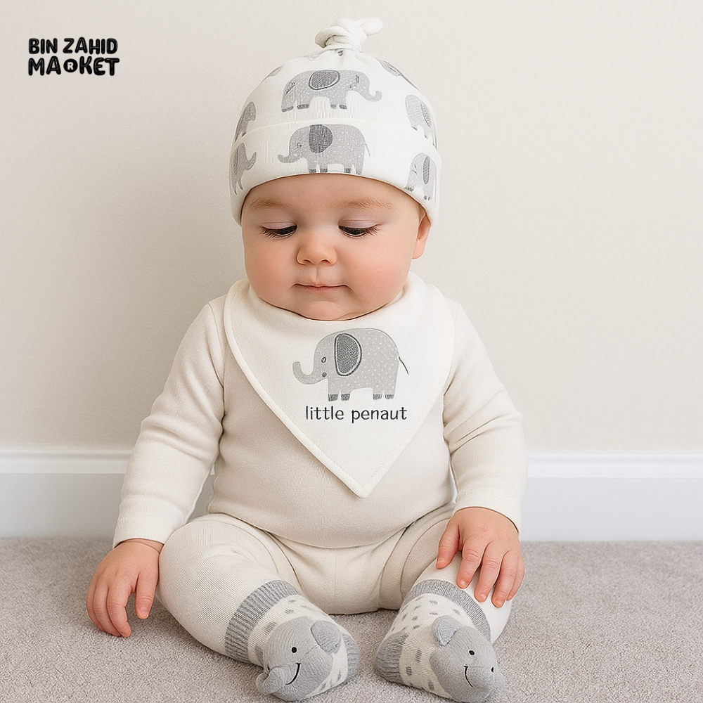 3-PIECE BABY SET – HAT, BIB & SOCKS | OUTFIT FOR NEWBORNS - ELEPHANT